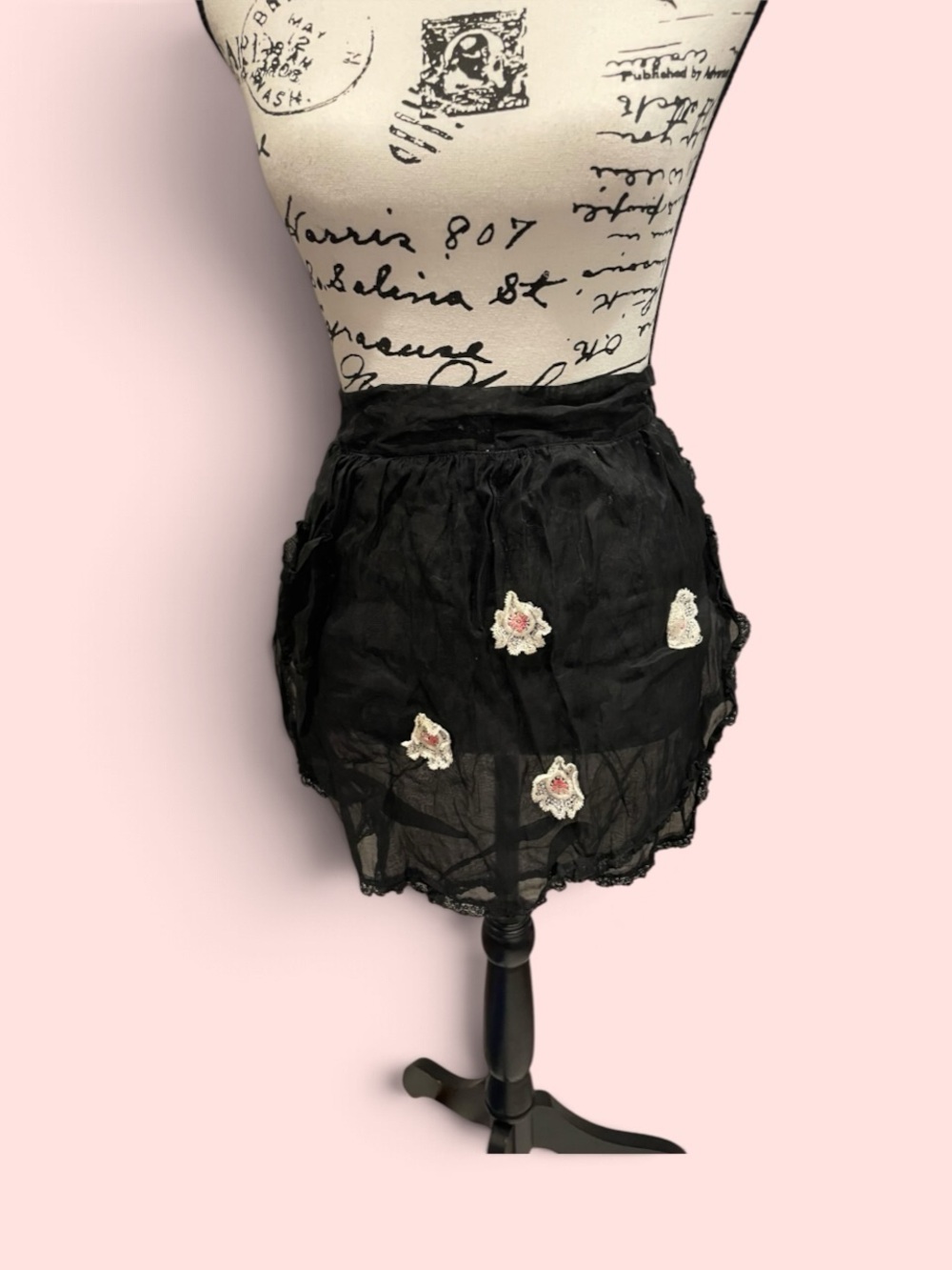 Cute vintage 50s-60s mesh lace trim crochet mini floral apron coquette handmade